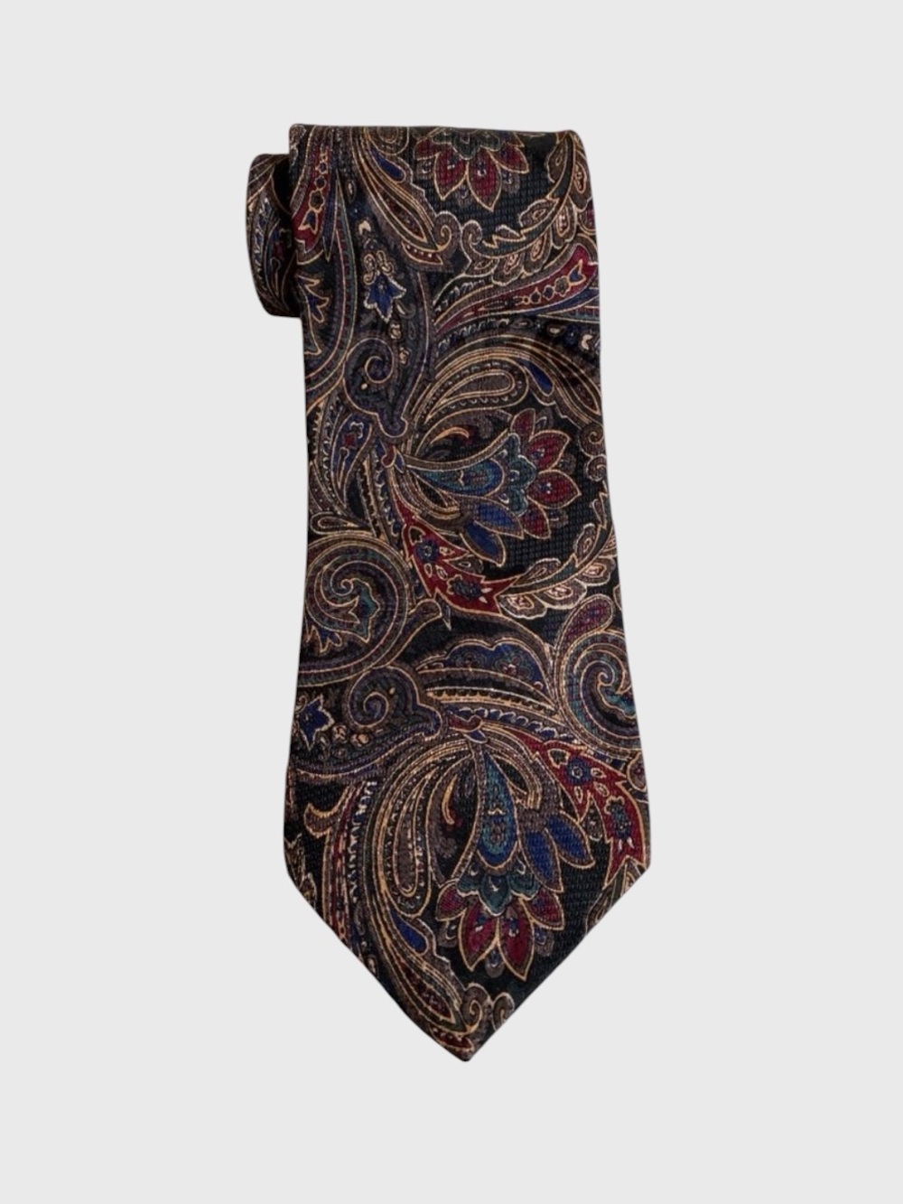 J. Riggins Hunting Horn Silk Paisley Neck Tie Black Brown Red Blue Made in USA